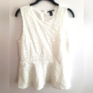 Forever 21 White Lace Peplum Hem Back Zip Tank Top~ Size Large